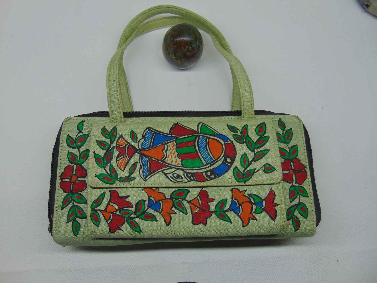 Women's Handicrafted Madhubani Purse:Green