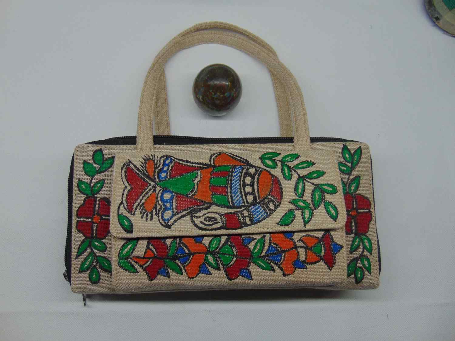 Women's Handicrafted Madhubani Purse:Beige