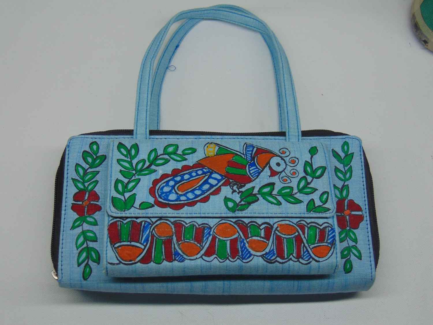 Women's Handicrafted Madhubani Purse:SkyBlue