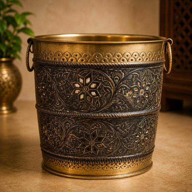 Ornate brass planter with floral detailing