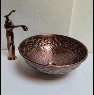 Floral Hammered Copper Vanity Basin