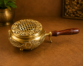 Brass Charcoal Incense Burner with Wooden Handle