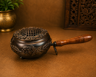 Black Charcoal Incense Burner with Wooden Handle