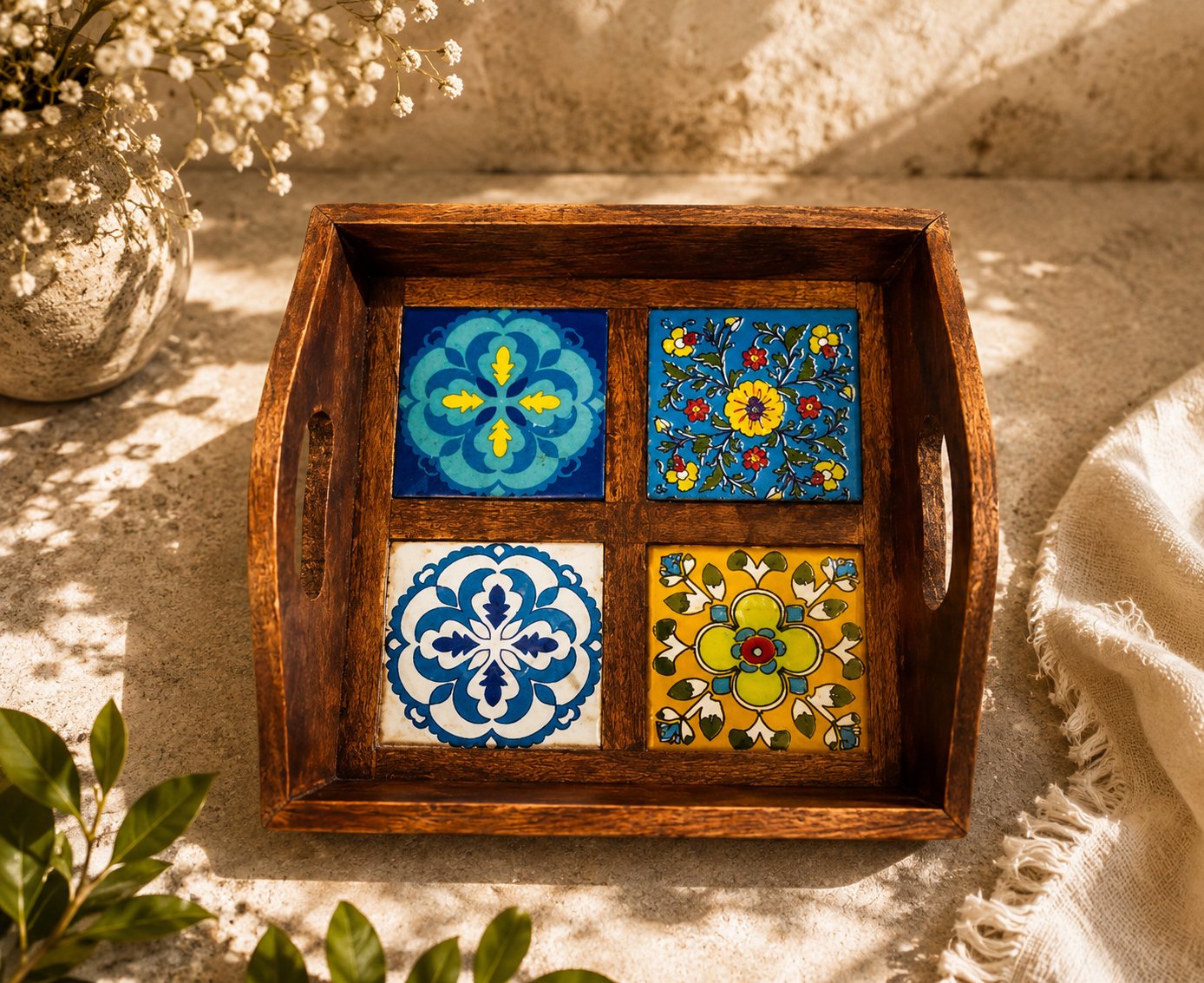 Tray Blue Pottery: 4 Tiles