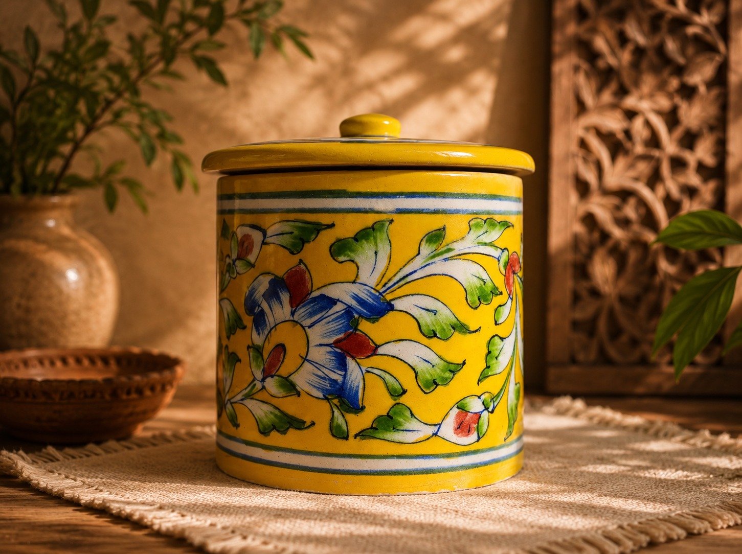 Jar/ Pickel Jar Blue Pottery: Yellow
