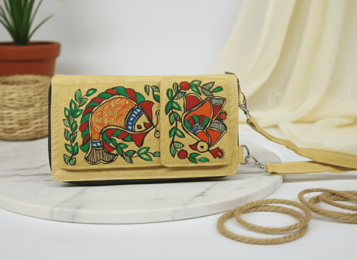 Women's Handicrafted Madhubani Purse:Yellow